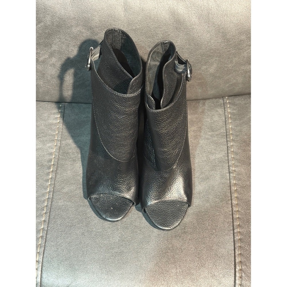 Leon Max Womens Black Pebbled Leather Peep Toe Ankle Boots Block Heel Buckle 9
